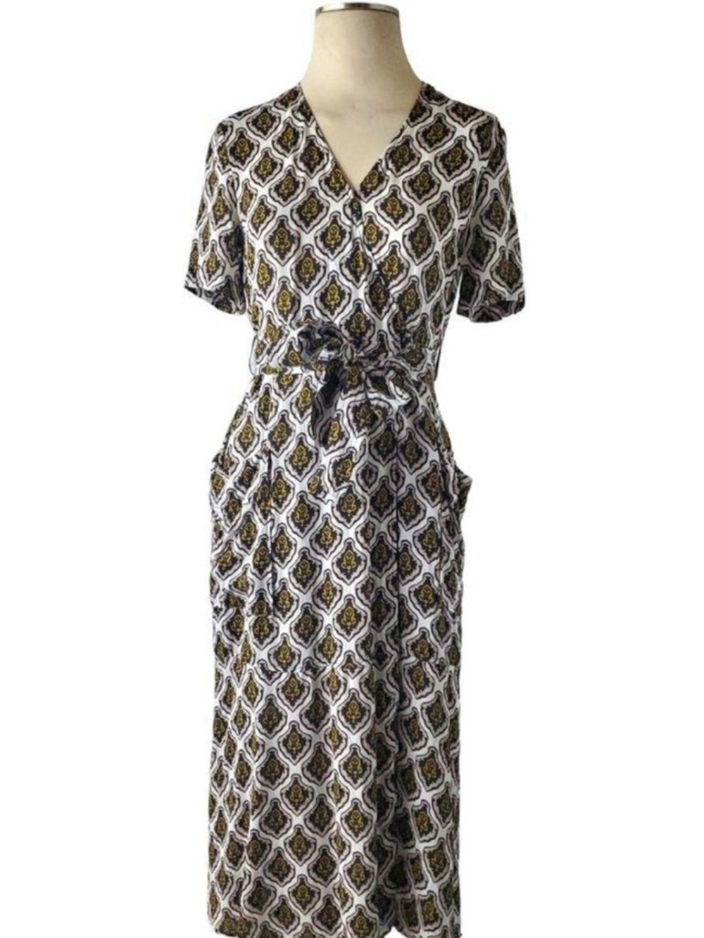 A.L.C. Silk White Dress with Black and Gold Geometric Print